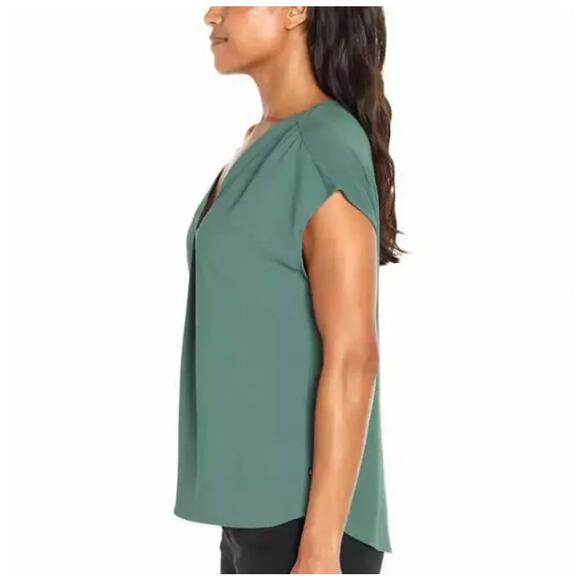Banana Republic Solid Green Cap Sleeve V-Neck Crepe Popover Blouse Size Small - Picture 2 of 9